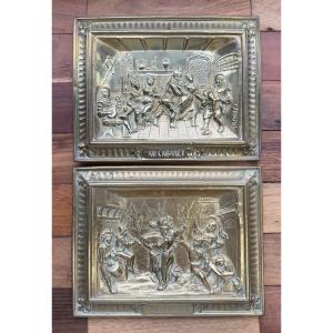 Raphael: 2 Bas Reliefs In Repoussé Copper Depicting Framed Festive Scenes