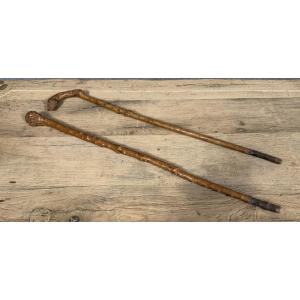 Folk Art: Two Carved Wooden Canes Or Walking Sticks 