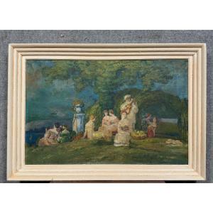 Claudius Denis (1878-1947):  tableau Huile Sur Toile Figurant Une Scène Galante Animée