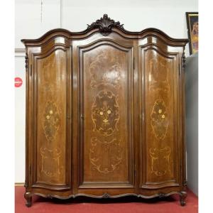 Louis XV Curved Wardrobe With All Sides In Precious Wood Marquetry Circa 1900