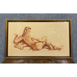 Painting / Nude By M.sylvain: Sanguine Art Deco Period Signed Circa 1940