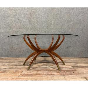 Table Basse Dite "Spiderleg" En Bois, Verre Et Laiton Doré Vers 1950-1960