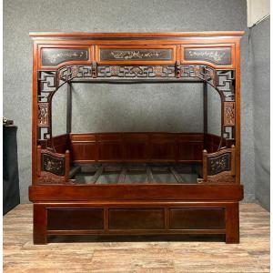 Asia 19th Century: Chinese Canopy Wedding Bed With Black Lacquer Panels