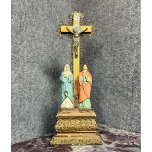 Ancien Crucifix / Calvaire En Bois, Laiton Doré Et Terre Cuite époque Napoléon III Vers 1880