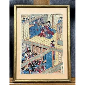 Japan Circa 1900: Painting On Fabric Depicting An Animated Scene