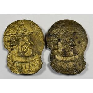 Pair Of Japanese Bronze Empty Pockets Depicting A Lady Bathing Circa 1900