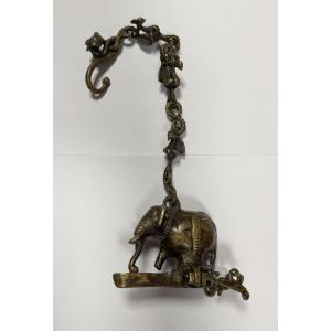 Asia Late 19th Century: Hanging Oil Or Scented Lamp In Patinated Bronze Circa 1880