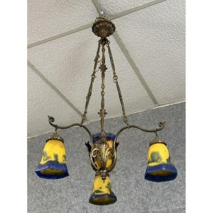 After Muller: Art Nouveau Bronze And Glass Paste Chandelier 