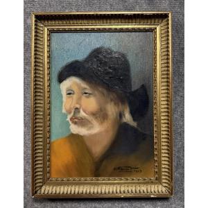 Maurice Terrot: Tableau Huile Sur Toile Portrait D’un Chinois Au Chapeau Noir