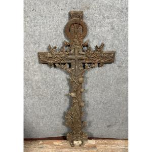 Huge Art Nouveau Calvary Cross In Cast Iron  