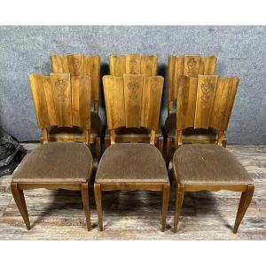 Set Of 6 Art Deco Period Walnut Chairs With Fan Backs Circa 1930