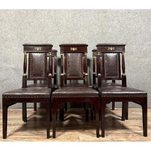 Set Of 6 Empire Chairs In Mahogany And Gilded Bronze