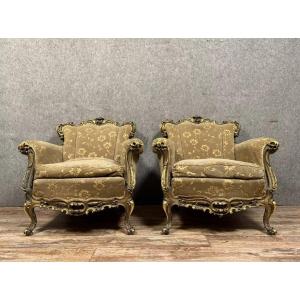 Pair Of Louis XV Style Venetian Armchairs In Gilded Wood 