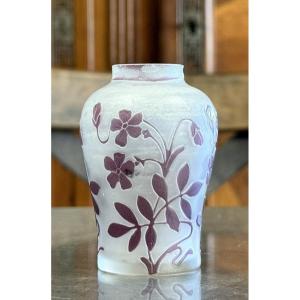 Cristallerie De Pantin France: Multi-layered Glass Vase With Purple Flower Decorations 