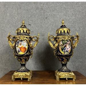 Monumental Pair Of Blue Sèvres Porcelain Vases With Gilt Bronze Mounts 