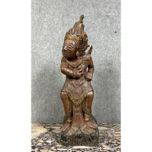 Inde Milieu XIXeme : Très Grande Statue En Bois Sculpté