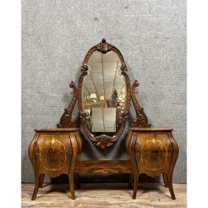 Louis XV Style Marquetry Dressing Table With Psyche Mirror 