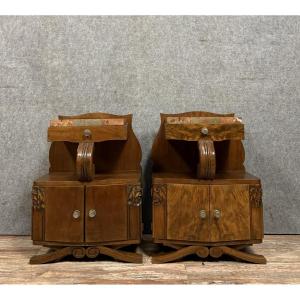 Pair Of Art Deco Period Mahogany Bedside Tables With Spacers 