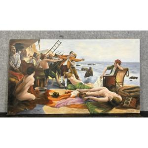 The Shipwrecked After Boutigny (1931): Large Oil On Canvas Animated By Characters 