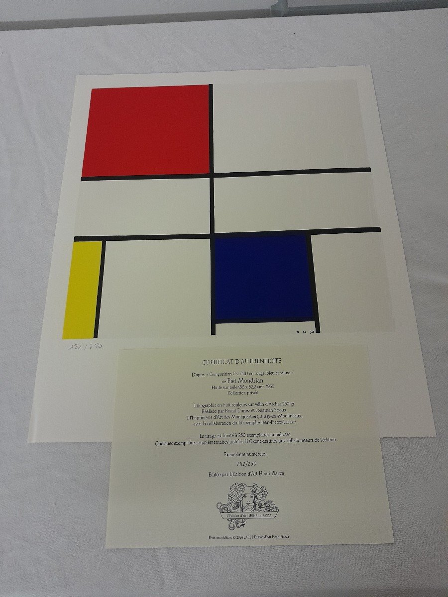 Lithographie-piet Mondrian (1872-1944), Numéro 182/250 Avec Certificat d'Authenticité -photo-2