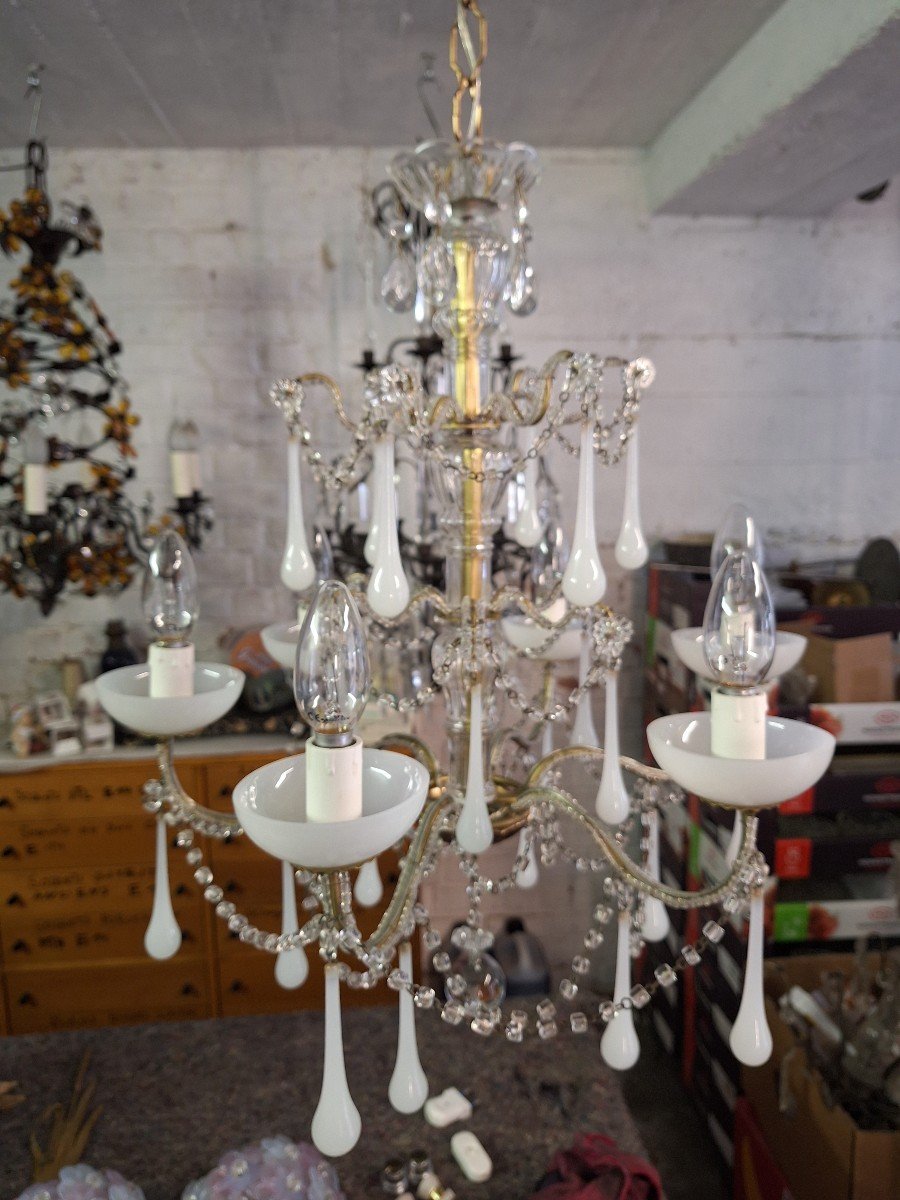 Lustre En Opaline Blanche De Type Baroque Romantique Vers 1960-photo-1