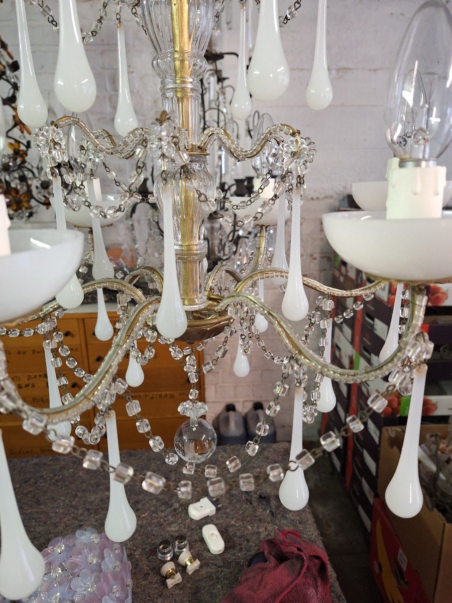 Romantic Baroque Style White Opaline Chandelier Circa 1960-photo-2