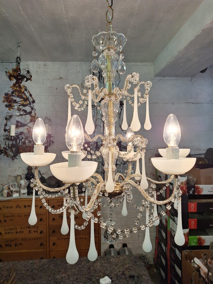 Romantic Baroque Style White Opaline Chandelier Circa 1960