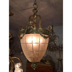 Lanterne De Hall De Style Louis XV En Bronze Doré Et Globe En Cristal Vers 1920...