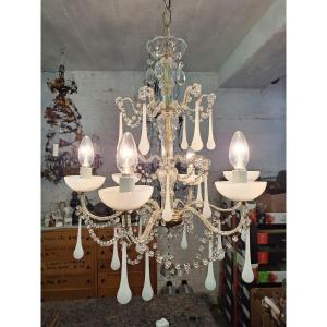 Lustre En Opaline Blanche De Type Baroque Romantique Vers 1960