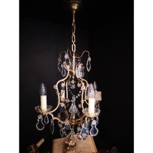 French Louis XV Style Cage Chandelier With Crystal Tassels