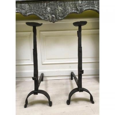 Antiques Andirons Landiers  A Cups Full Wrought Iron XVII Century