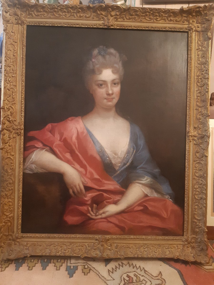 Portrait De Femme à La Robe Bleu dans le goût de Nicolas de Largillierre