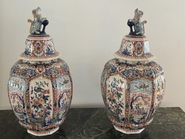 Paire De Vases / Potiches Couvertes De Louis  Fourmaintraux à Desvres  Décor Chinois -photo-2