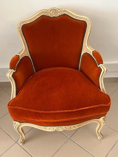 Bergère De Style Louis XV En Bois Sculpté Tissus Velours -photo-3