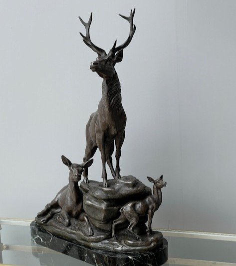 Grande Sculpture De Louis Carvin 1875-1951 Cerf Biche & Paon-photo-2