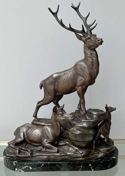 Grande Sculpture De Louis Carvin 1875-1951 Cerf Biche & Paon-photo-5