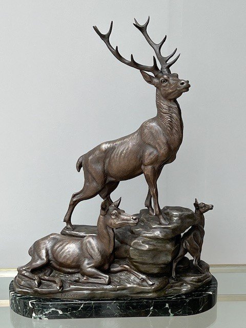 Grande Sculpture De Louis Carvin 1875-1951 Cerf Biche & Paon