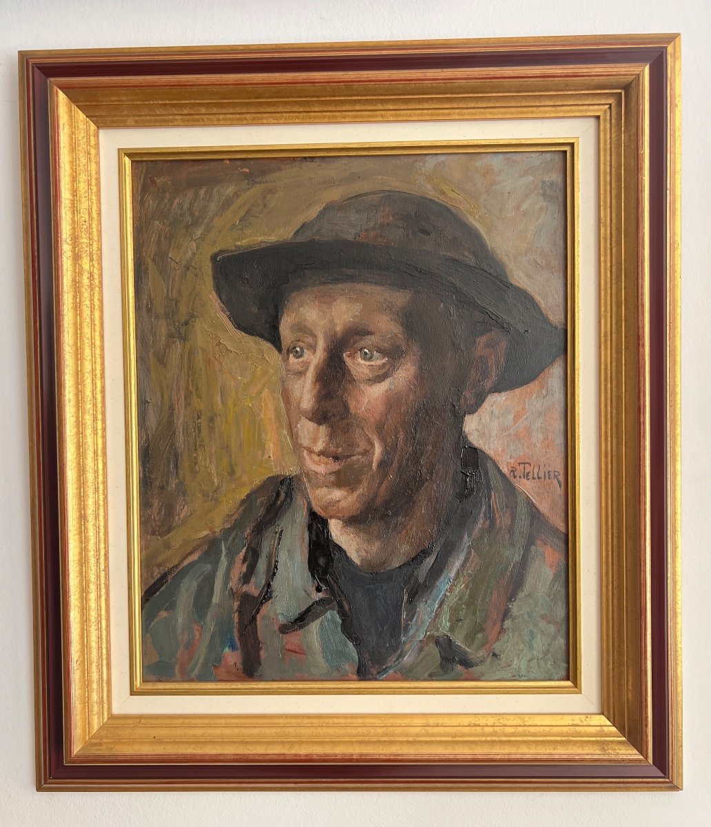 Tableau De Raymond Tellier 1897-1985 Représentant Un Mineur De Fond 