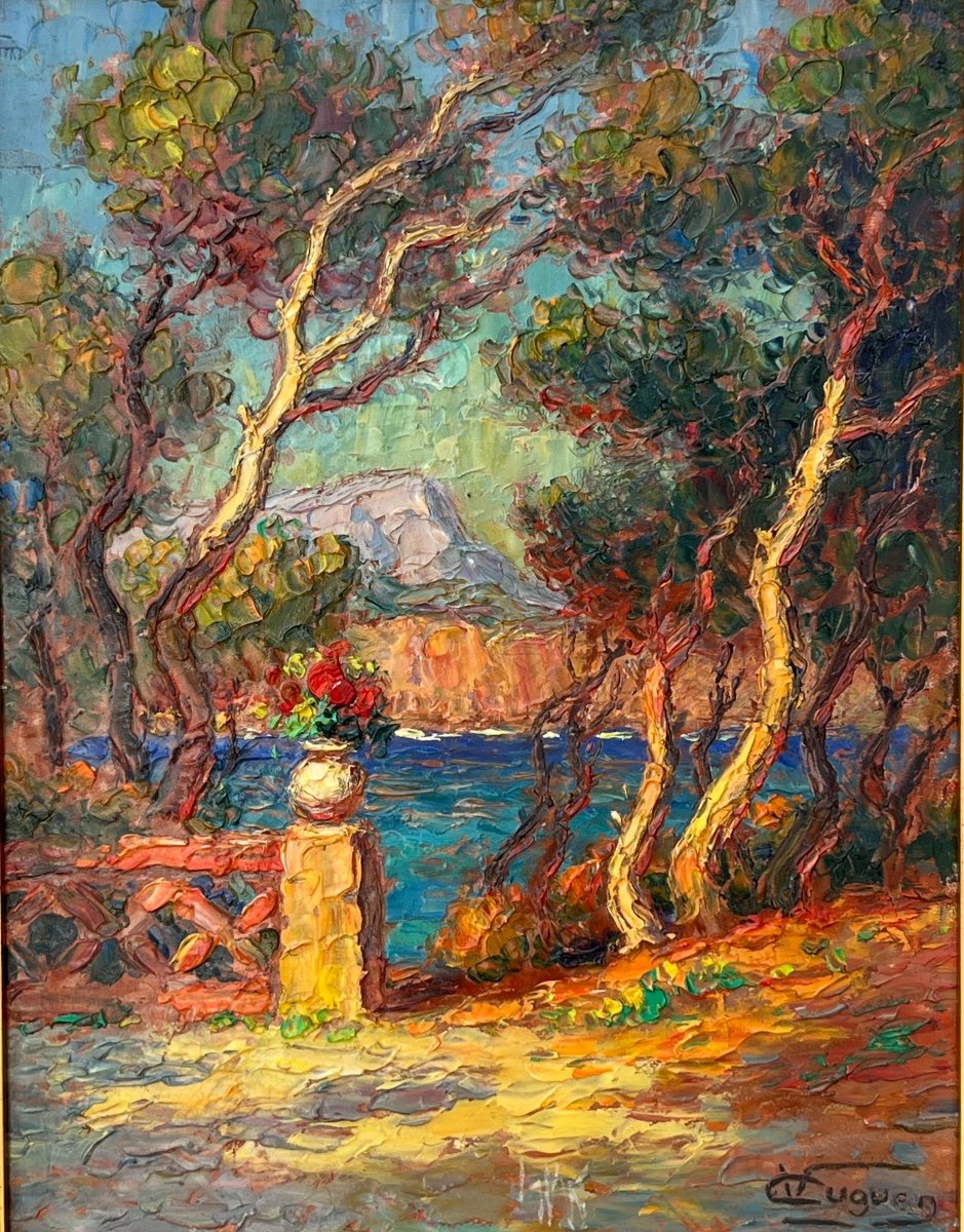 Tableau De Victor Louis  Cuguen 1882-1969 Terrasse à Fabregas Côte d'Azur-photo-2