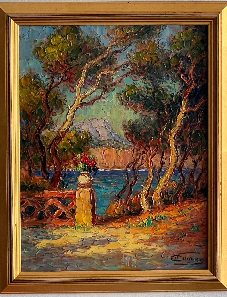 Painting By Victor Louis Cuguen 1882-1969 Terrace At Fabregas Côte d'Azur-photo-4