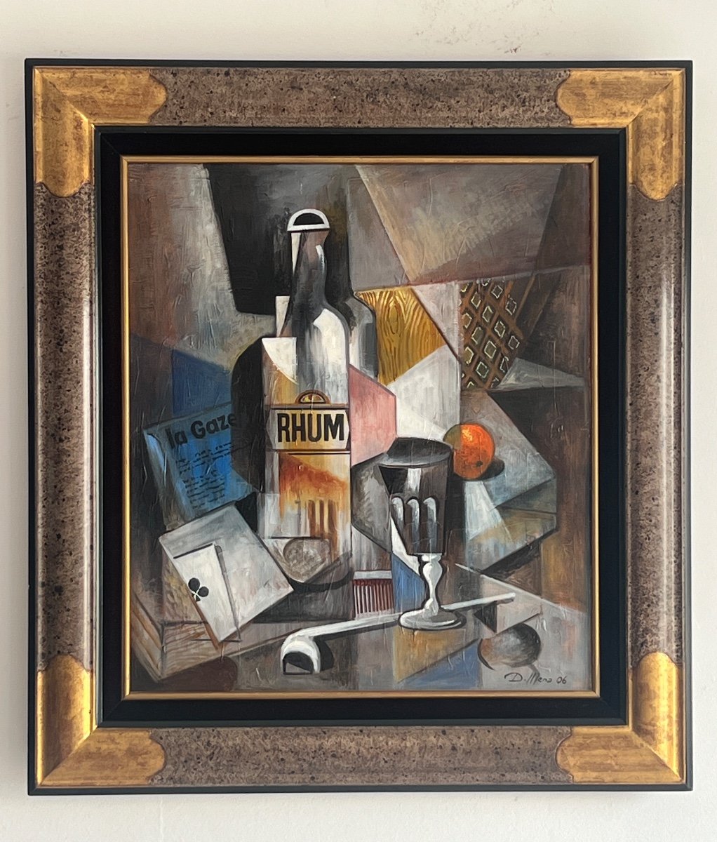 Tableau De Daniel Mena ( 1949 ) Peintre Cubiste Nature Morte 