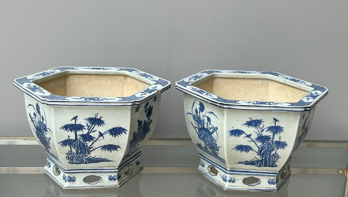 Paire De Jardinières 19e Siècle En Porcelaine De Chine Bleu Et Blanc-photo-3