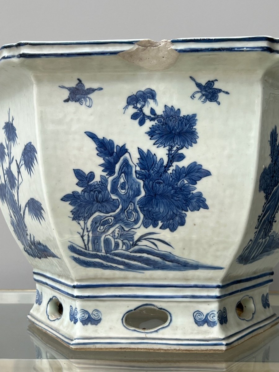 Paire De Jardinières 19e Siècle En Porcelaine De Chine Bleu Et Blanc-photo-6