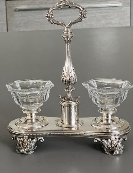 Pair Of Double Salt Cellars In Silver Metal And Baccarat Crystal By Orfèvre Truffaut -photo-2