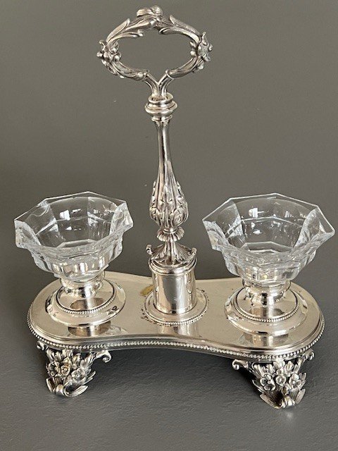 Pair Of Double Salt Cellars In Silver Metal And Baccarat Crystal By Orfèvre Truffaut -photo-4