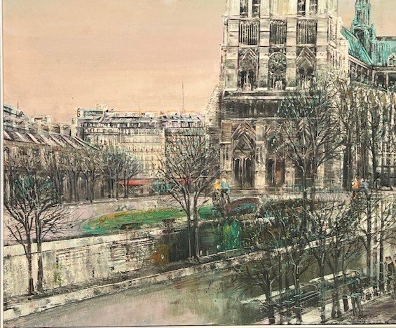 Large Oil On Canvas Notre Dame De Paris Signed -photo-2