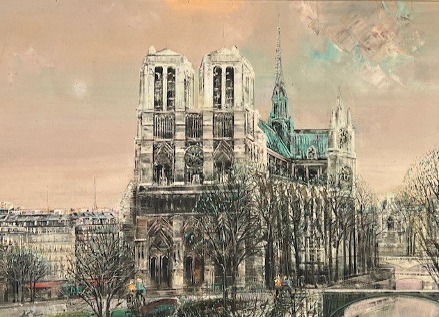 Large Oil On Canvas Notre Dame De Paris Signed -photo-4