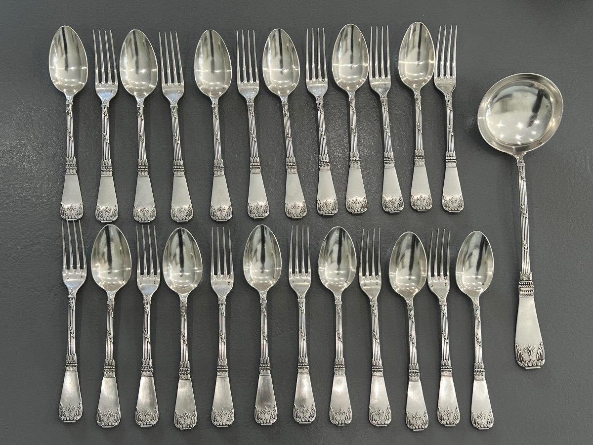 12 Solid Silver Table Cutlery Minerve Goldsmith Frésnais Armand In Paris-photo-2