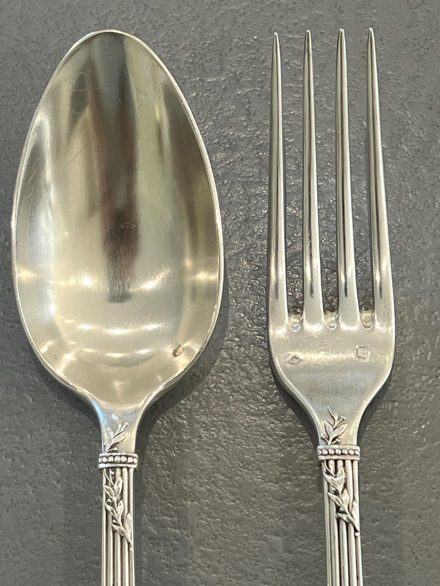 12 Solid Silver Table Cutlery Minerve Goldsmith Frésnais Armand In Paris-photo-1