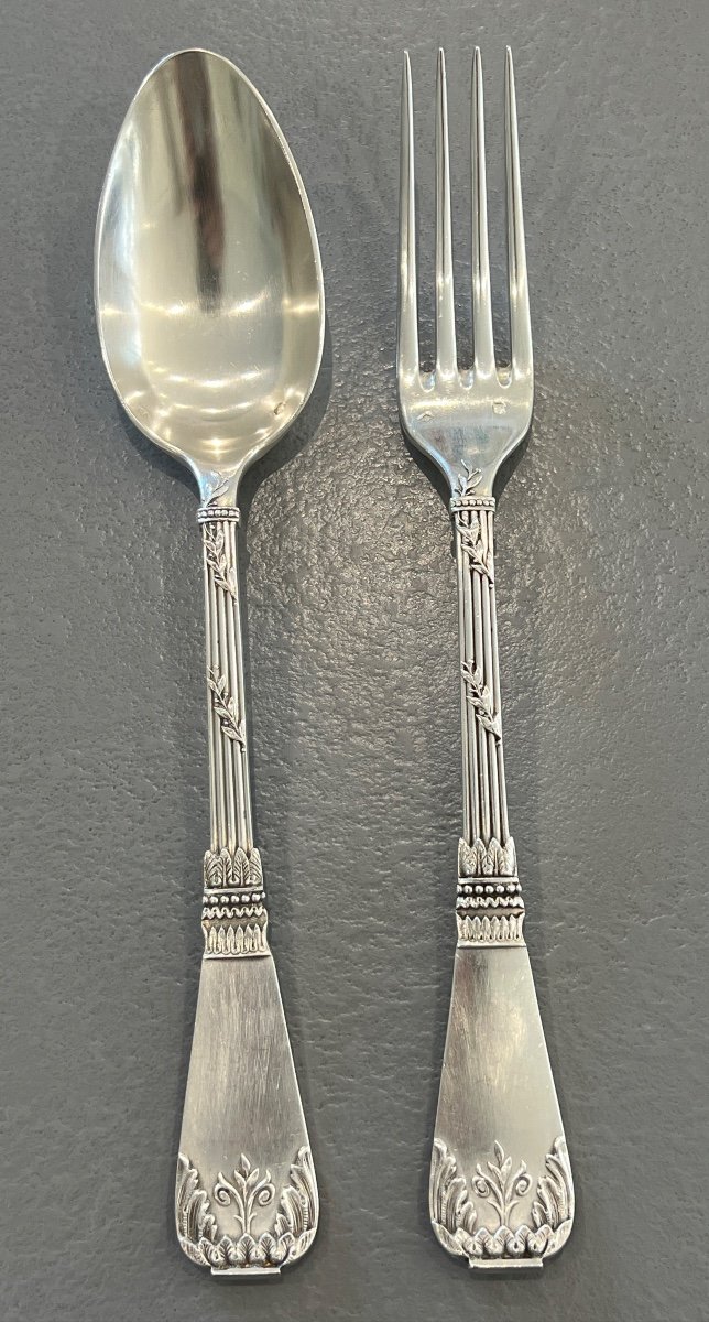 12 Solid Silver Table Cutlery Minerve Goldsmith Frésnais Armand In Paris-photo-3